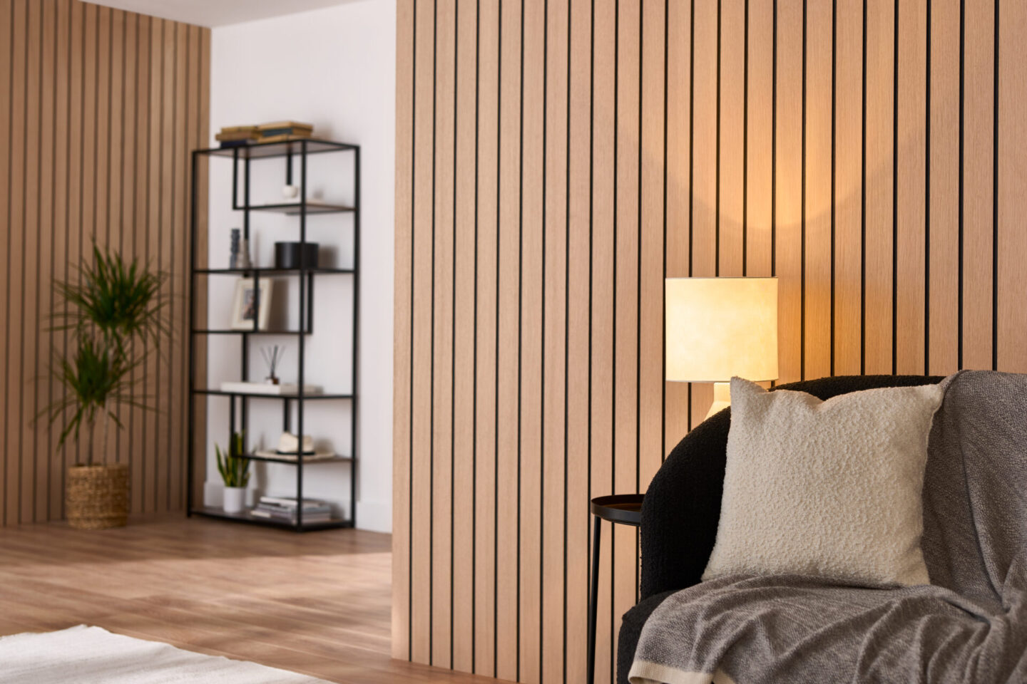 natural wood wall panels in a modern living room