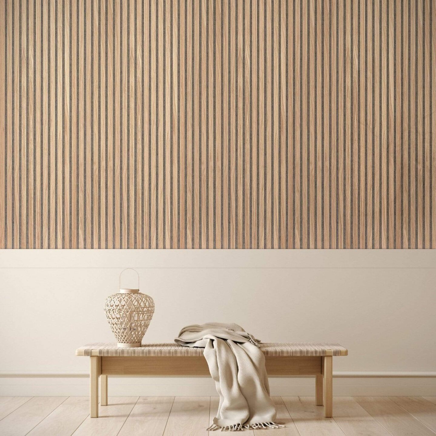 light wood wall panels feature wall in scandidnavian style living room