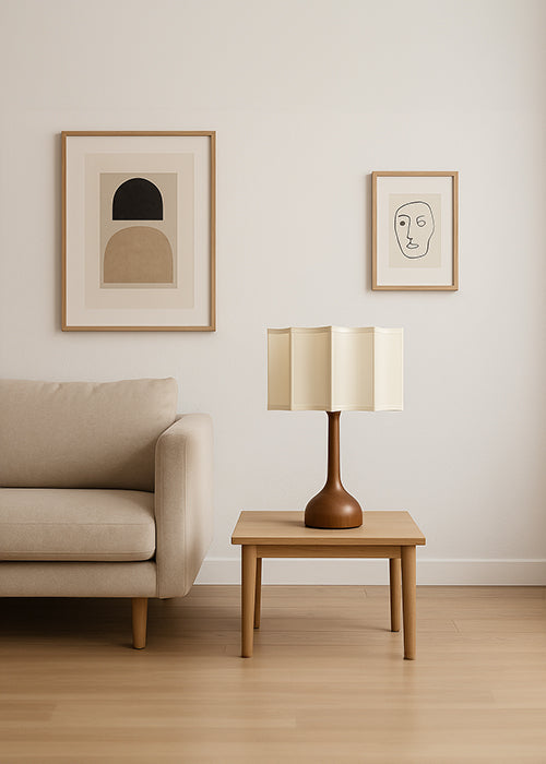 Modern wooden lamp with a sculptural wavy lampshade