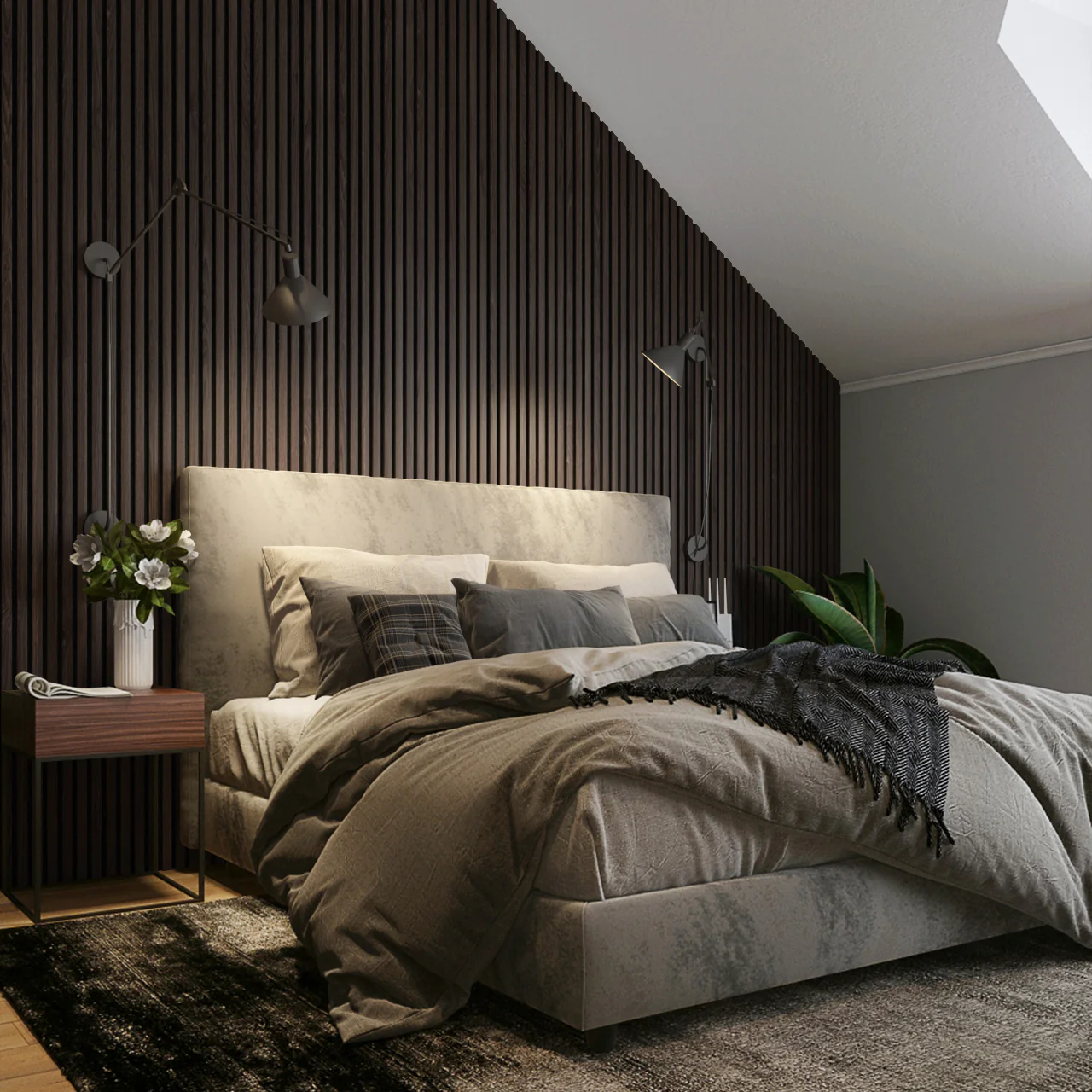 bedroom dark wood wall panel feature wall