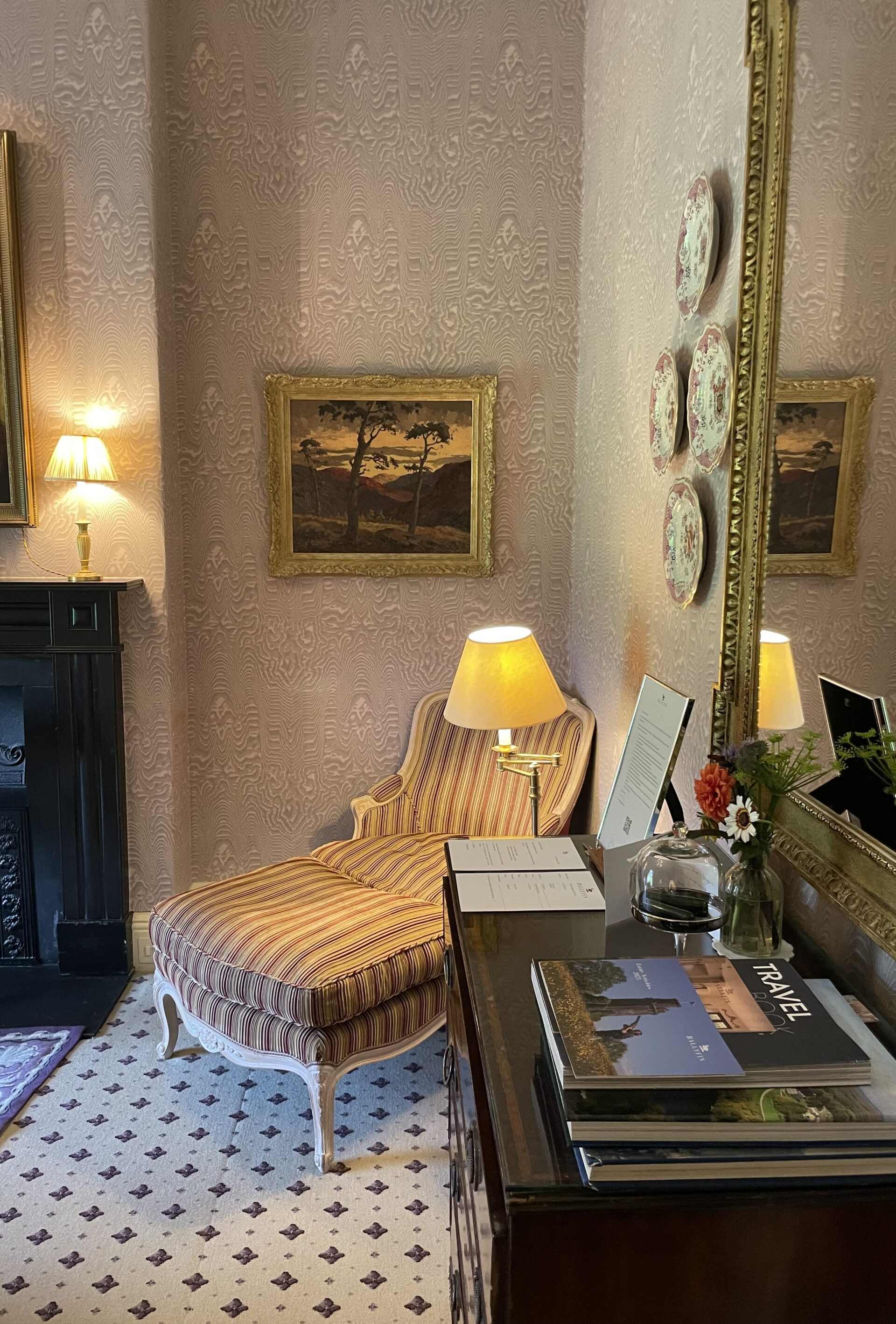 Patterned Wallpaper And 1920 Chaise Lounge in the bedroom at Ballyfin Demesne