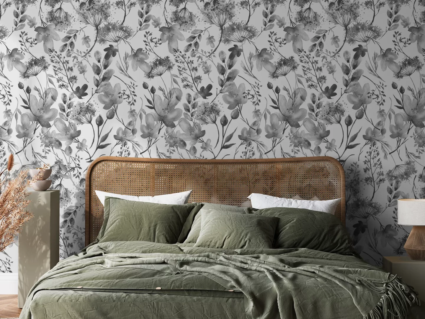 Bedroom with Floral Grey Watercolour Wallpaper behind the bed, creating a soft, elegant feature wall.