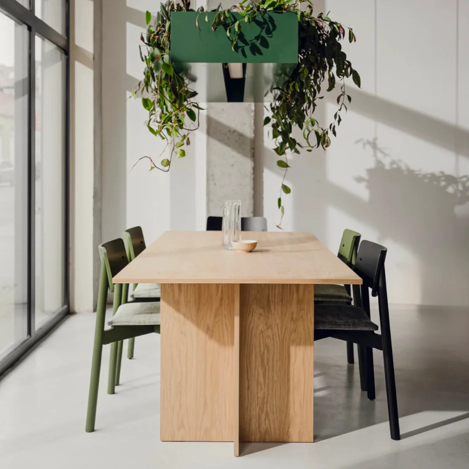 Large Oak Dining Table and Green Upholstered Wooden Chairs.