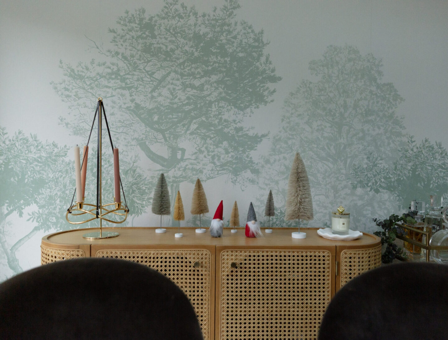 Mini Christmas Trees and Mini Santas on a Sidetable