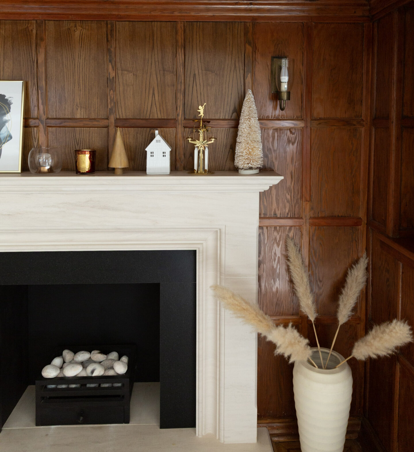 Fireplace Mantel Styling With Scandi Style Christmas Decorations in Gold, Wood and Brush Christmas Trees