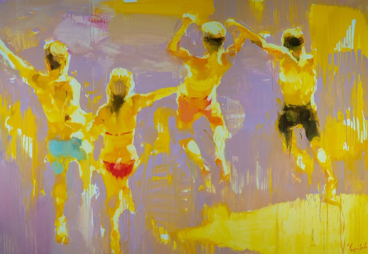 Colourful oil on canvas art with people jumping into water.