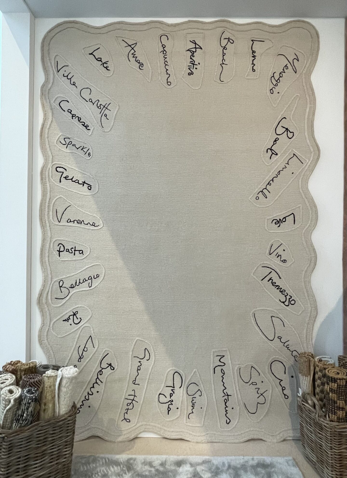 Calligraphy-inspired rug with Italian words.