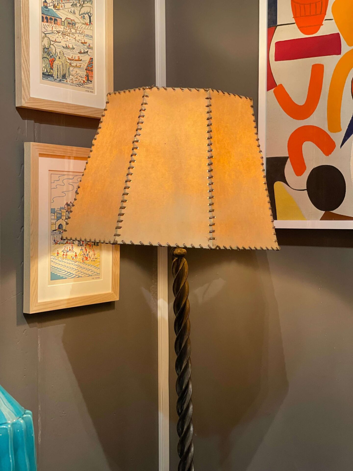 1960 s Vintage Floor Lamp with a Beige Stitched Shade at the Decorative Fair in London