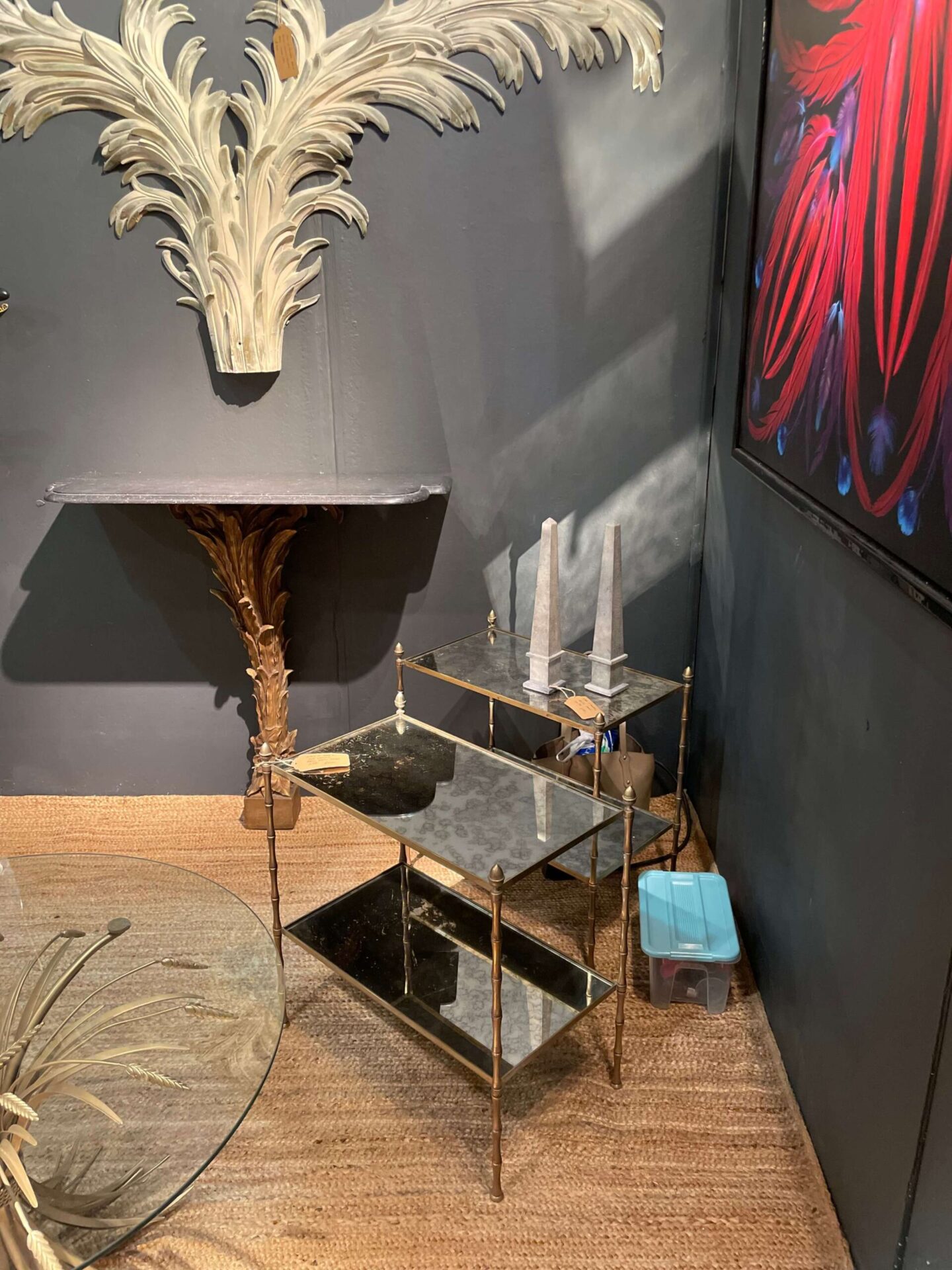 Antique mirrored side table with bamboo detailing and aged mirror finish.