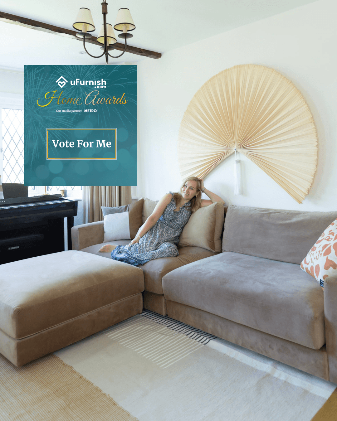 Pia Orr sitting in her transformed living room nominated for uFurnish Home Award 2026