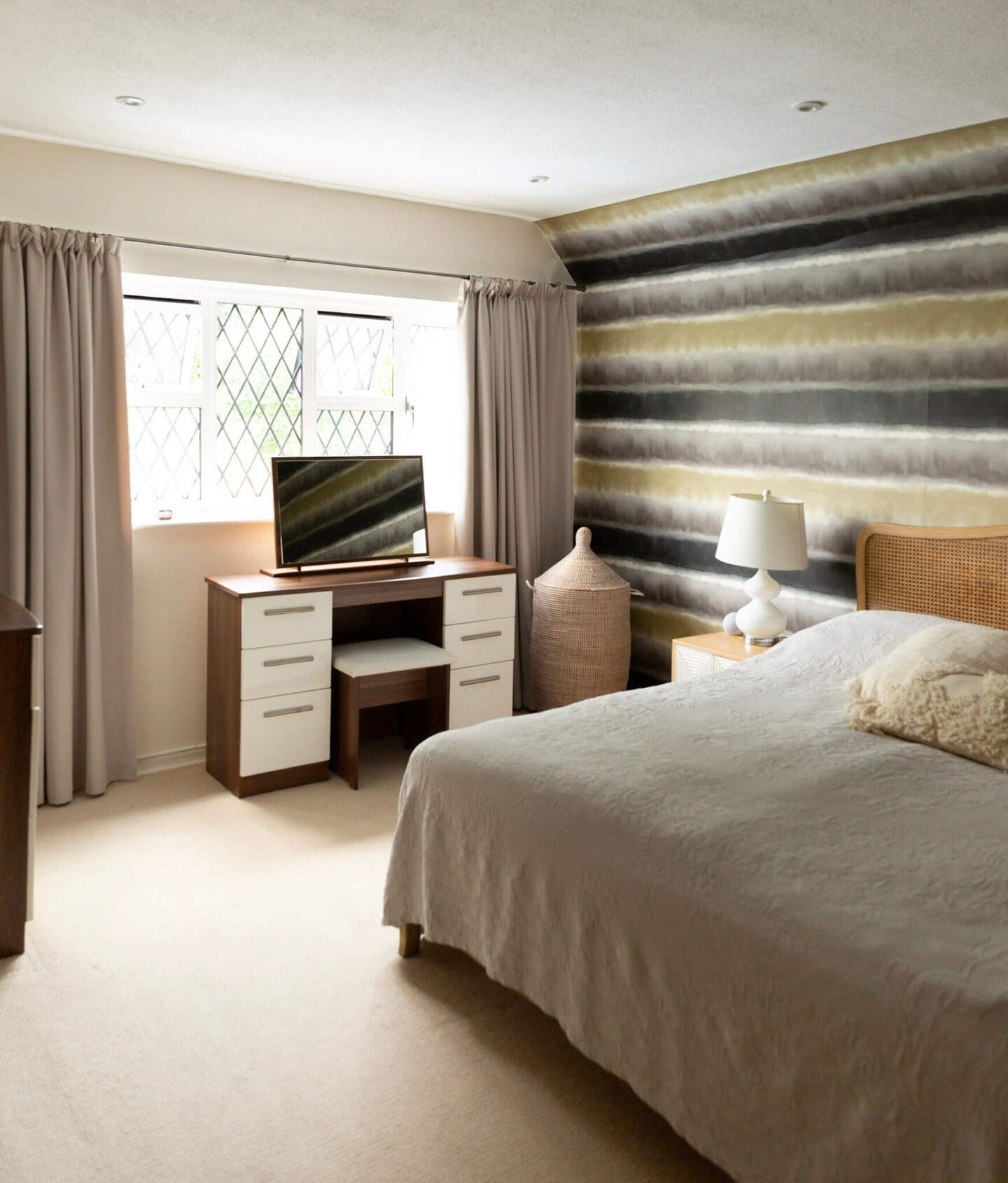 Late 1920s house master bedroom with bay window and planned wallpaper makeover