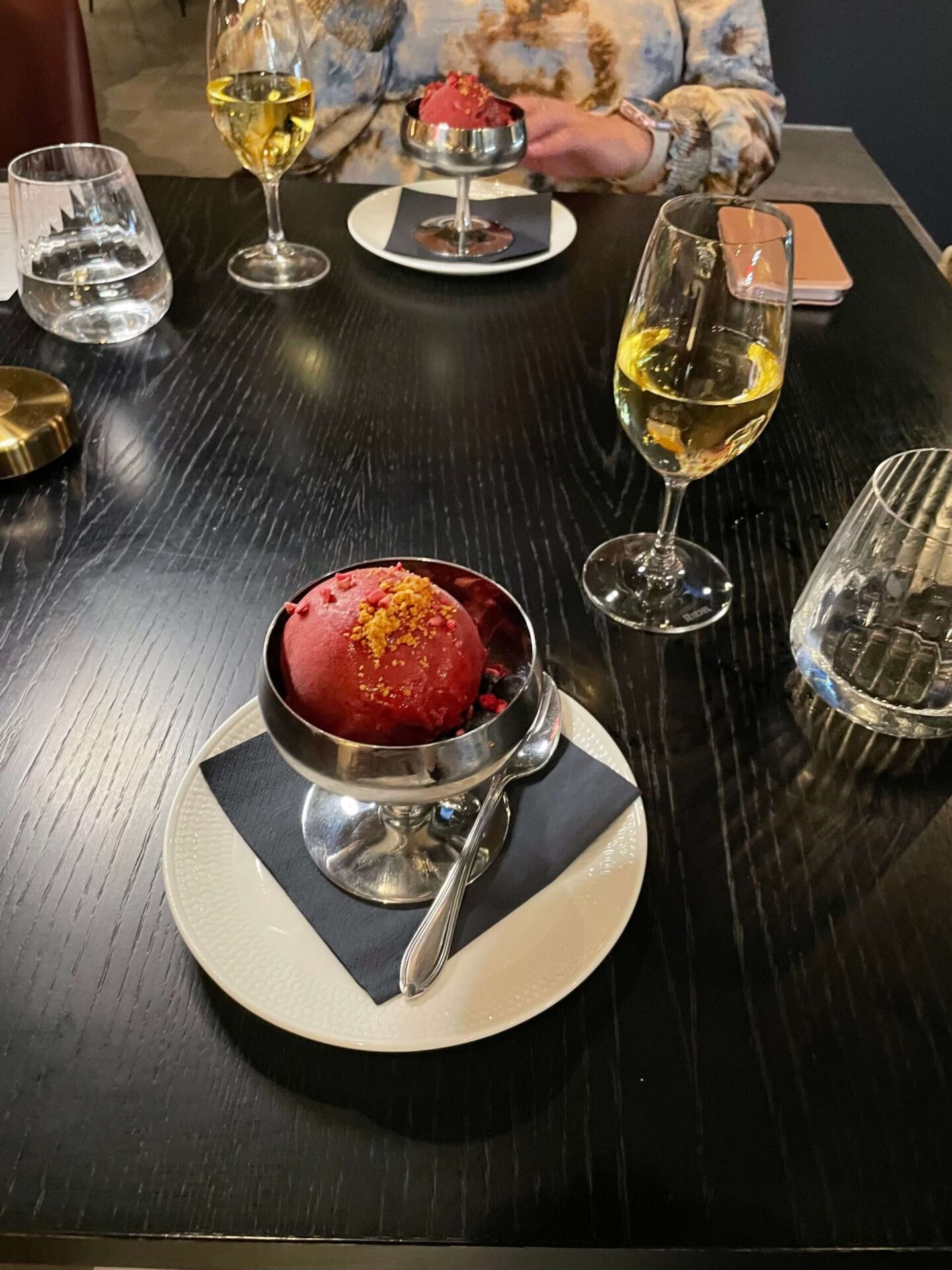 Sorbet dessert served as part of a three-course meal.