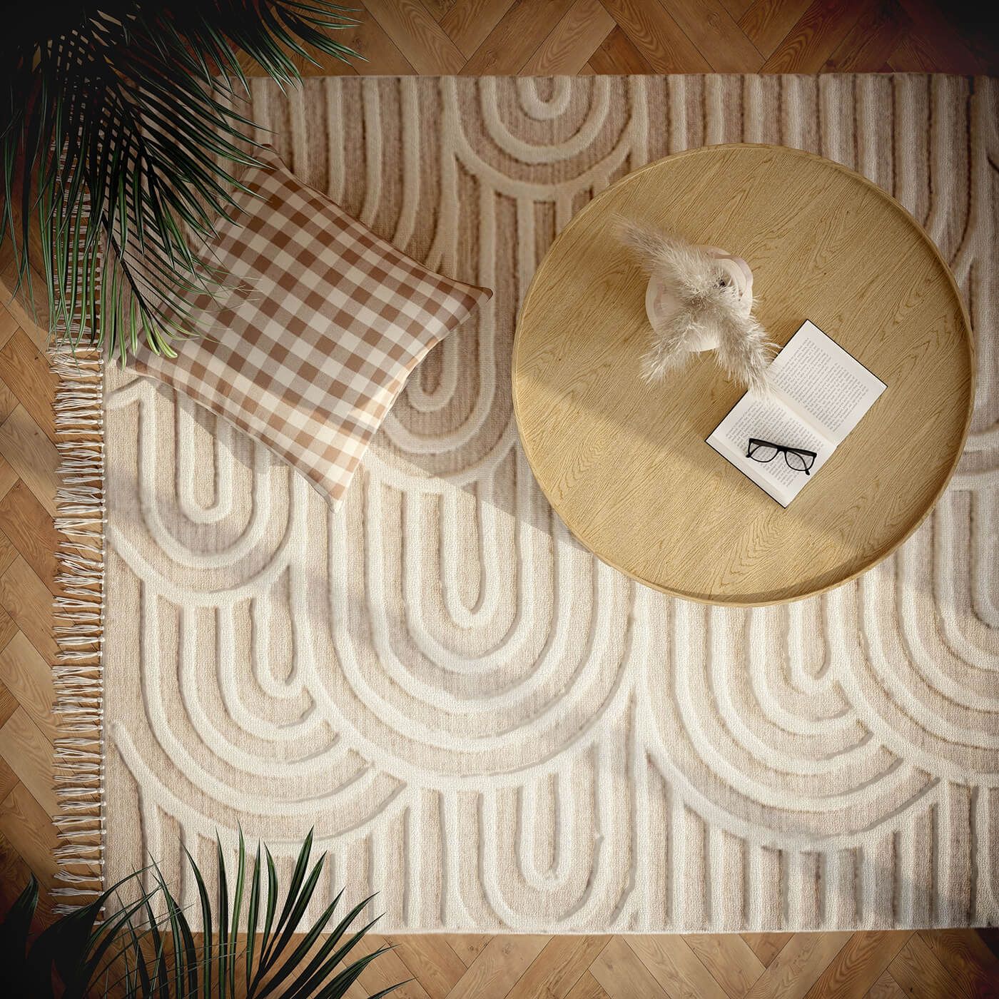 CGI image featuring a geometric patterned cream rug and a wooden coffee table with decorative details on top