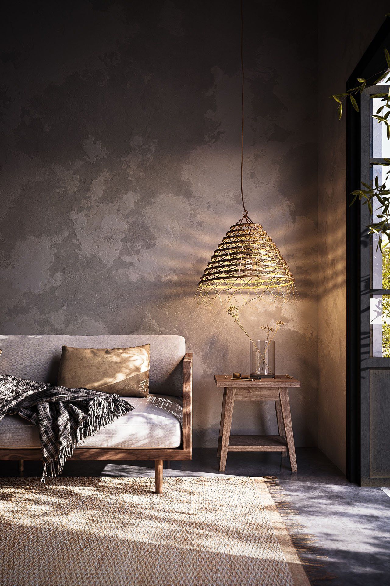 CGI bedroom living room displaying a fabric sofa with walnut legs and a wooden side table and a rattan ceiling light