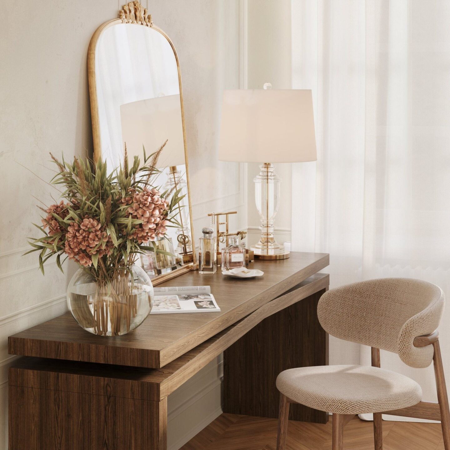 CGI wooden vanity table and fabric chair in a neutral room